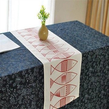 【協貿】簡約現代風格抽像圖騰大魚棉麻桌旗