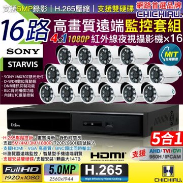 【CHICHIAU】H.265 16路4聲 5MP 台灣製造數位高清遠端監控套組(含高清1080P SONY 200萬攝影機x16)