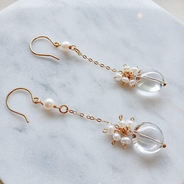【14KGF】水晶與淡水珍珠鍊式耳環