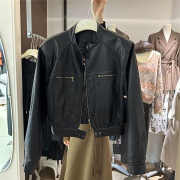 十三行春季寬松短款小個子機車PU美拉德美式復古皮衣外套女皮夾克
