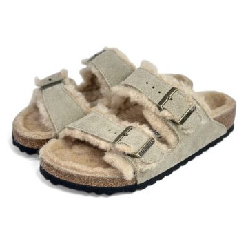 Birkenstock Arizona Shearling 雙帶扣環毛毛麂皮露趾拖鞋 女 淺褐色 真皮勃肯亞利桑那 一般寬平底休閒涼鞋 1028226