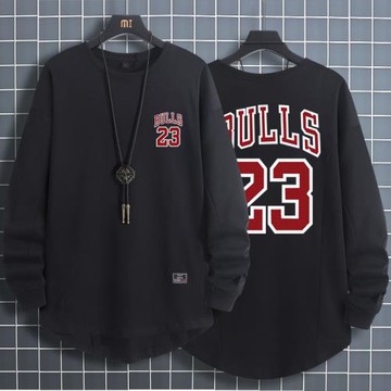 春季薄款23號籃球T恤男寬松運動長袖上衣 潮重磅純棉燕尾開叉衛衣