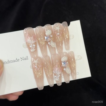 ✨Hannah✨人魚鮫-裸色氣質顯白紅書爆款春夏純手工美甲成品法式純手工穿戴甲 V8LW