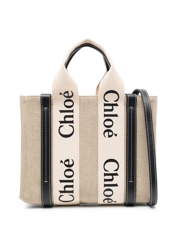 Chloé - Woody logo-strap tote bag - women - Linen/Flax/Linen/Flax/Calf Leather/Polyester - One Size - Neutrals