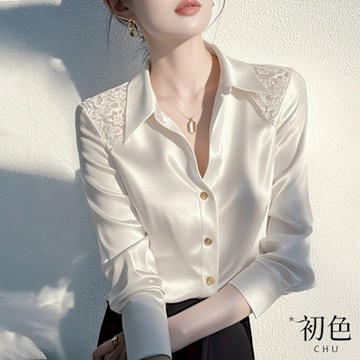 初色 輕奢風緞面純色蕾絲翻領長袖襯衫上衣女上衣-白色-10975(M-2XL可選)