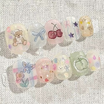 💖台灣出貨💖ins風春日韓系少女心可愛穿戴甲短款清透春日童趣美甲貼片小熊