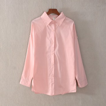 春秋款女裝直筒寬松百搭長袖polo領純色單排扣襯衫開叉潮