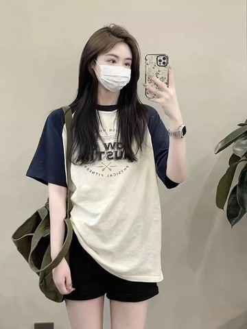 設計感小眾撞色純棉短袖印花T卹女夏慵懶風寬鬆百搭上衣ins潮