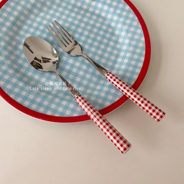ins法式紅白格🍽️ |  復古餐具 韓式餐具 叉子 陶瓷餐具 牛排刀叉 西餐刀具 餐具 甜品勺 西餐叉 湯勺