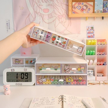 ⚡ins風少女心桌面收納盒抽屜式可愛學生宿舍置物架文具收納垃圾桶手賬膠帶文具桌上整理盒可diy疊加雜物儲物盒多格FJ
