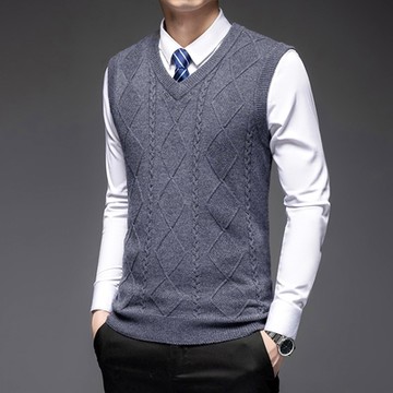 [米蘭精品] 羊毛背心針織衫上衣-菱格紋提花V領純色防寒保暖男背心外套4色74do18