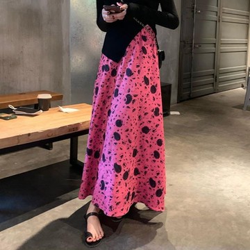 AKARA 花裙 碎花 長裙 過膝 鬆緊腰 大碼 桃子紅好氣色碎花長裙