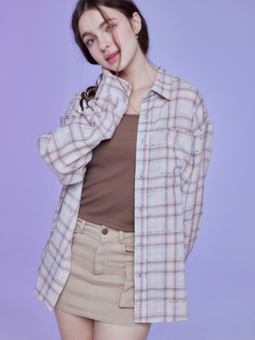 Oversized Cotton Blend Check Shirt [Brown]
