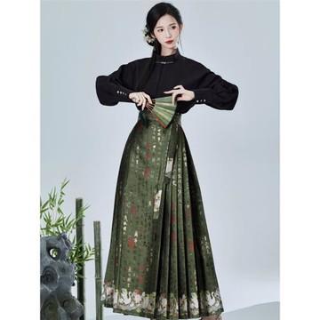 蘭亭序馬面裙女套裝春秋日常通勤國風百褶裙漢服改良新中式半身裙