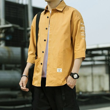 新品【夏季】七分袖襯衫男士夏季薄款七分袖外套休閒百搭寬鬆上衣服痞帥潮流工裝襯衣