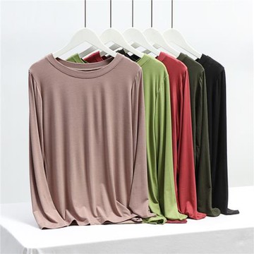 2025春秋季長袖莫代爾T恤女圓領內搭大碼薄款秋衣修身顯瘦打底衫