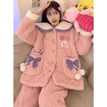 睡衣女冬季加厚加絨冬天款三層夾棉襖保暖珊瑚絨法蘭絨可愛家居服