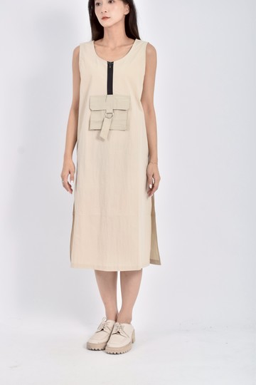 (M) mini matters質感無袖拉鍊設計工裝杏色洋裝