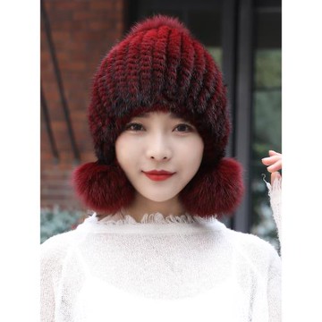 水貂皮草女帽子秋冬季真皮貂毛編織女士狐貍球保暖護耳加厚貂皮帽