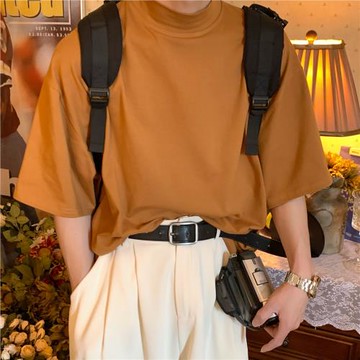 C2自制/夏季新款潮流短袖純色小高領百搭韓版T恤情侶裝上衣服ins