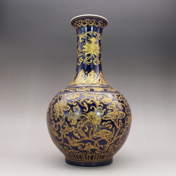 清乾隆祭藍釉描金賞瓶 花瓶 古董古玩仿古老貨陶瓷器收藏品擺件