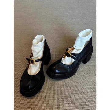 軟羊皮~真皮法式復古圓頭厚底小皮鞋女英倫淺口粗跟高跟瑪麗珍鞋