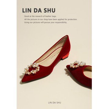 【林大叔】紅色婚鞋女粗跟婚禮秀禾新娘珍珠高跟鞋低跟孕婦不累腳