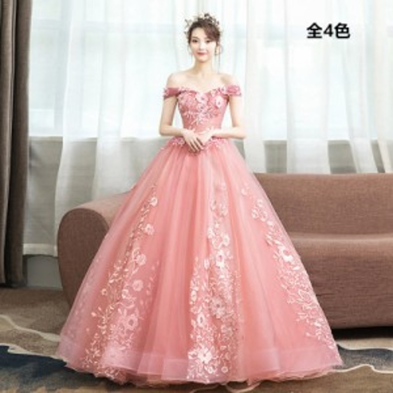 エレガントなオフショルダーレースドレス ピンク