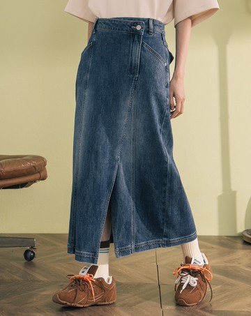 下擺不對稱開衩涼感彈性A字牛仔裙(兩色)