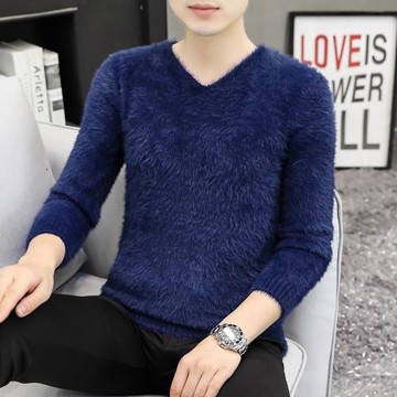 秋冬V領男士加厚毛衣水貂絨一體保暖羊毛衫青年修身打底針織衫潮