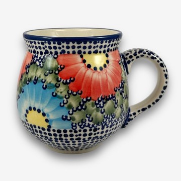 波蘭手繪手工陶-胖胖杯 350ml 橘藍大花系列