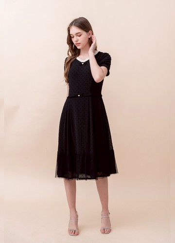 漫想絮語緹花Ｖ領雪紡洋裝