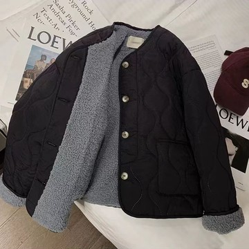臺灣/✨羊毛羔外套 冬季外套韓版復古菱格羊羔毛棉服外套女冬季2025新款寬鬆短款棉衣加厚棉襖