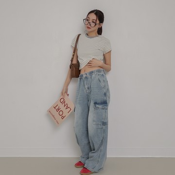 橫條紋彈力棉短T-淺灰【KT224211】