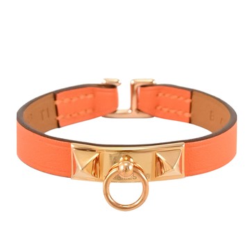 HERMES Rivale Mini 鉚釘圓環飾面皮手環.橘/玫瑰金