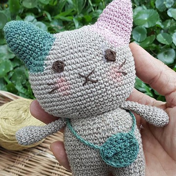 天然染色棉鉤針編織娃娃，Kitty Cat，灰色，烏木色