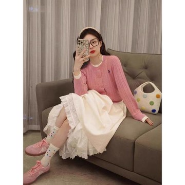 圓領撞色假兩件刺繡長袖針織開衫女秋冬麻花毛衣外搭上衣粉色外套