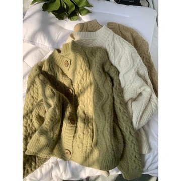 2022新款小眾設計感加厚長袖毛衣外套女秋冬外穿寬松綠色上衣開衫