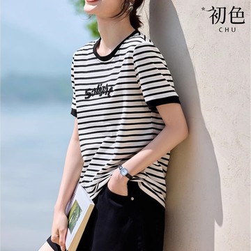 初色 黑白條紋繡花字母圓領短袖T恤上衣女上衣-條紋-34956(M-2XL可選)