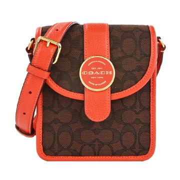 COACH 新款圓扣緹花C拼接皮革斜背手機包(咖啡x橘)