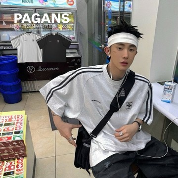 【PAGANS STORE】韓國 復古 美式 街頭 刺繡 線條 標誌 撞色 英文 字母 短袖 短Tee