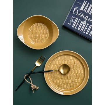 日式家用陶瓷碗早餐燕麥片碗雙耳防燙牛奶碗盤子套裝純色復古餐具