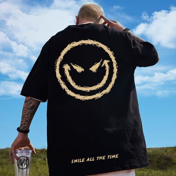 國潮笑臉印花ins風短袖T恤男春夏潮牌胖子半袖純棉寬松大碼體恤潮