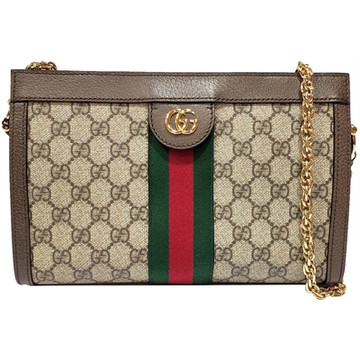 【GUCCI 古馳】503877 經典Ophidia系列GG帆布印花綠紅綠織帶皮革飾邊磁釦手拿/肩背包(棕色)