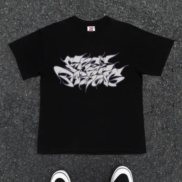 品牌設計感~美式復古連筆字母印花純棉t恤男潮流高街vintage短袖