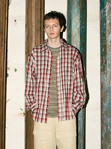 Multi Chenille Check Long Sleeve Oversized Shirt [Red] (MS5264A286)