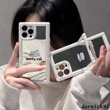 簡約鏡面可愛小狗貓咪隱形折疊支架 閨蜜殼 適用 蘋果 iPhone 15 14 13 12 11 Pro Max 保護殼