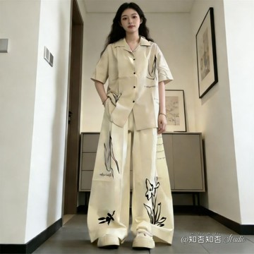 夏季新款大碼花卉印花睡衣女套裝翻領開衫短袖闊腿褲可外穿家居服