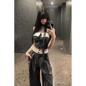 免運 台灣出貨 純慾風辣妹套裝女2025夏季新款無袖短款背心上衣高腰闊腿褲兩件套限時下殺 012