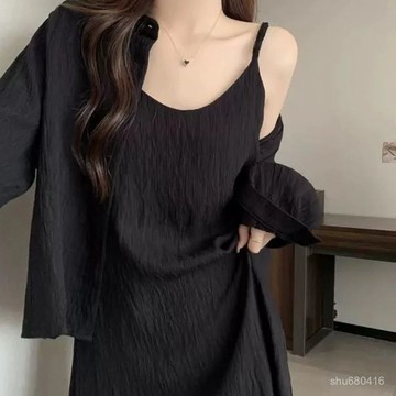 【全店免運 五折特價】吊帶黑色夏季2024長裙時尚遮肉氣質女裝連衣裙顯瘦純色簡約寬鬆吊帶裙 連衣裙